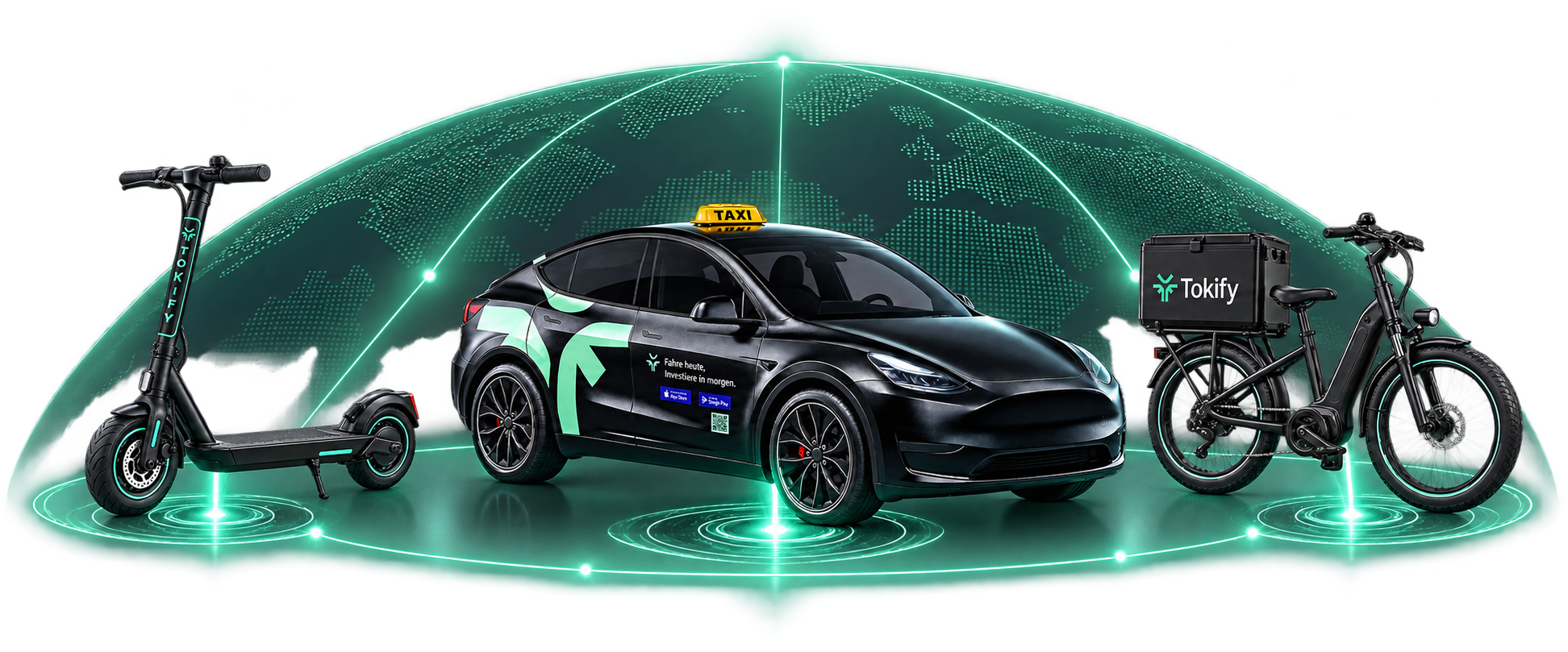 Tokify scooter, taxi and delivery e-bike operating inside one global mobility network